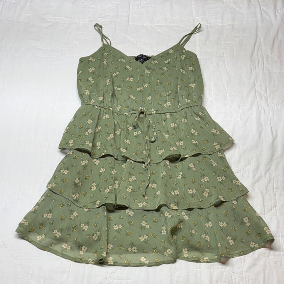 Trixxi Dresses & Skirts - Cottagecore Sage Green Floral Tiered Ruffle Mini Babydoll Dress Coastal Cowgirl